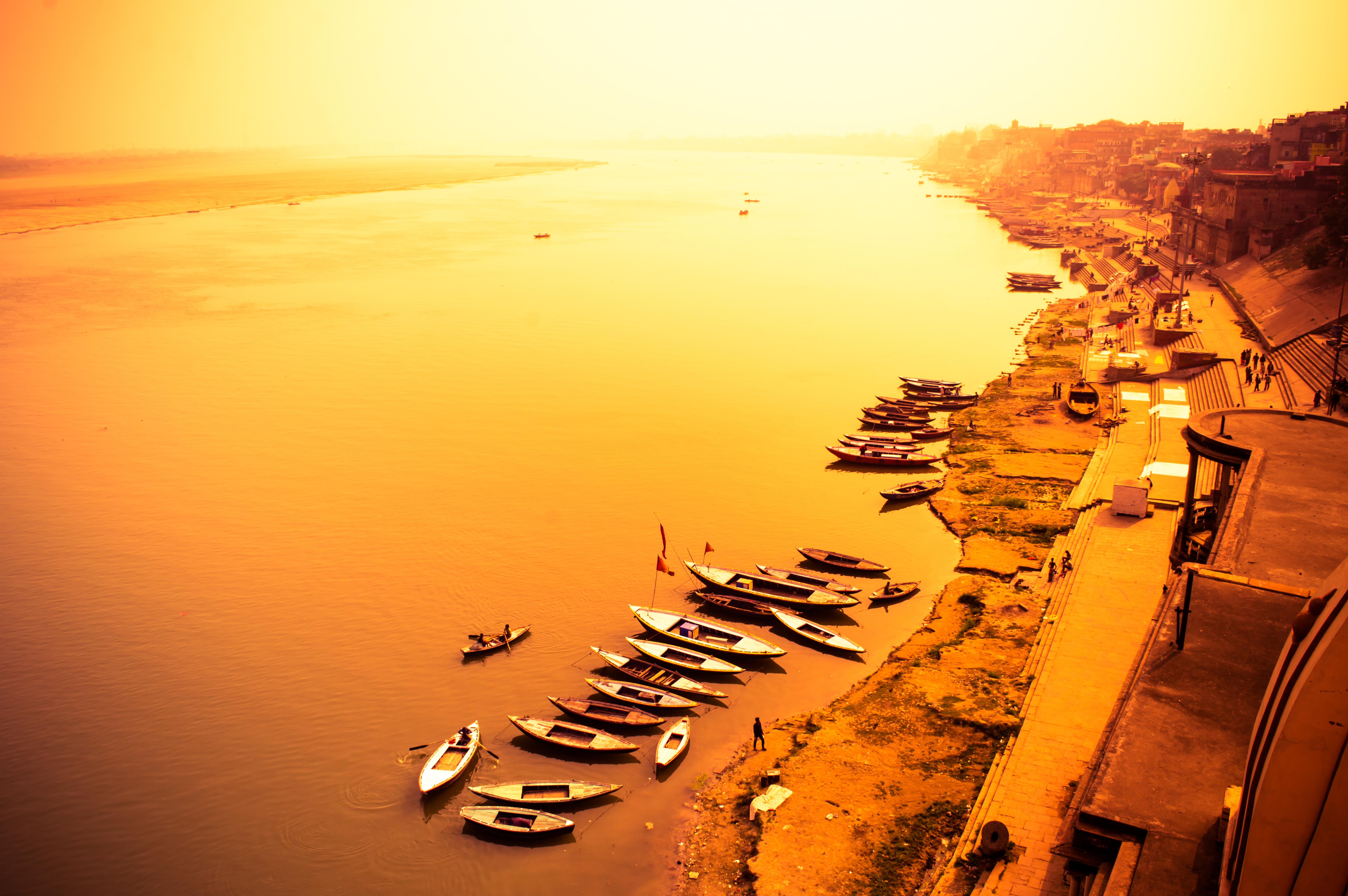 Aerial view of Varanasi ghats at golden hour